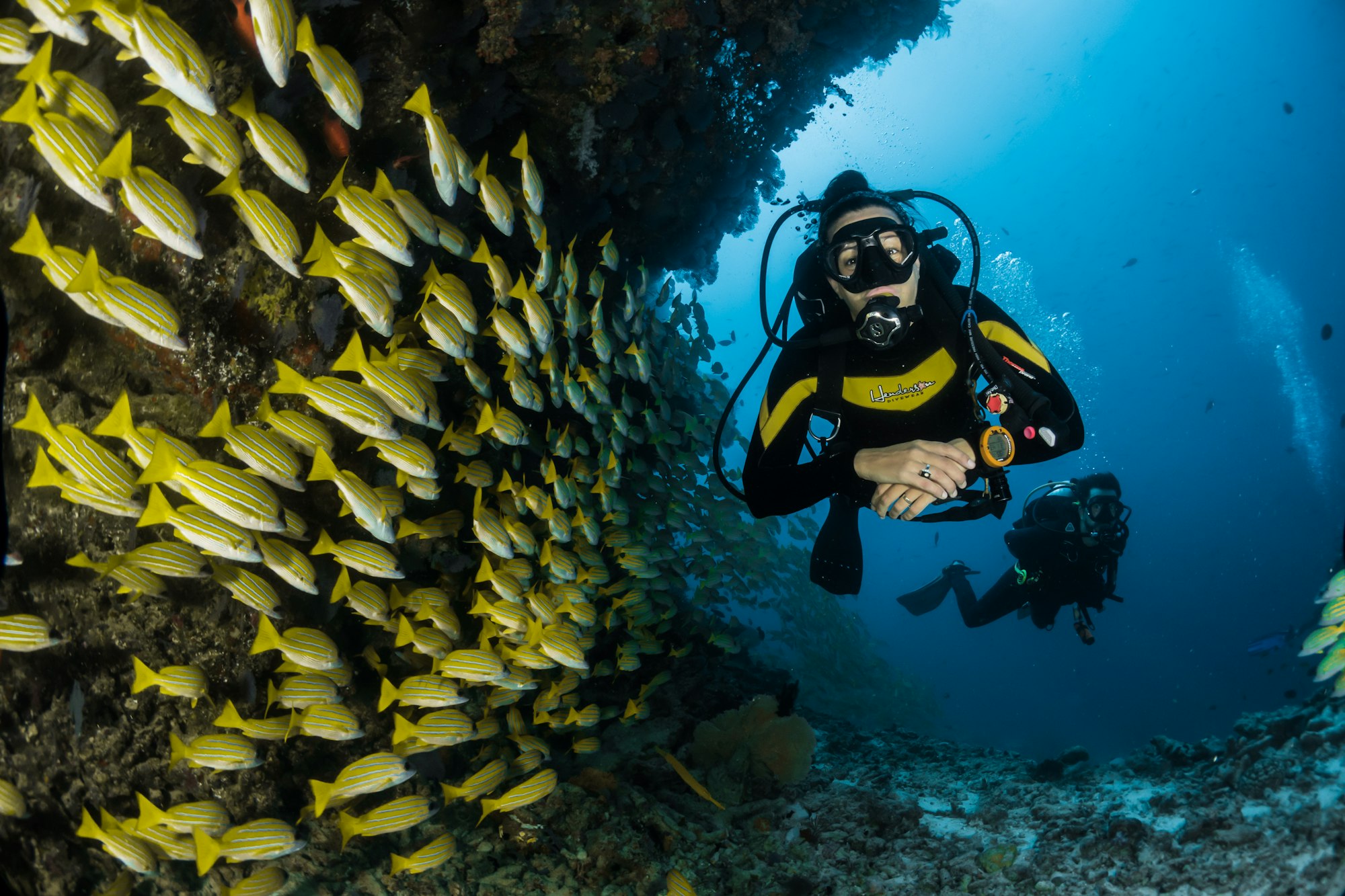 Couple snorkeling over coral reef